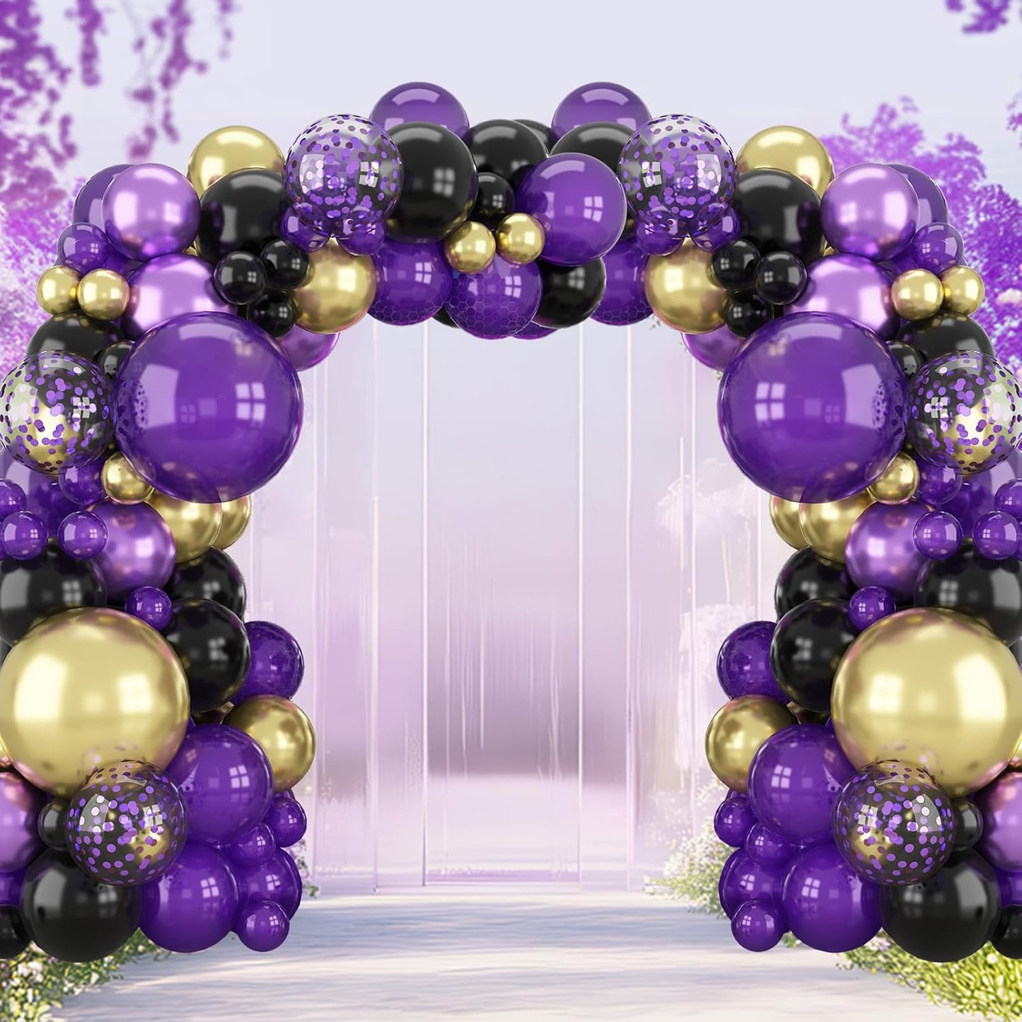 Purple Black and Gold Balloon Arch Kit Dark Purple and Gold Metallic Black Confetti Party Latex Balloons Garland for Women Wednesday Birthday Baby Shower Wedding Engagement Party Decorations