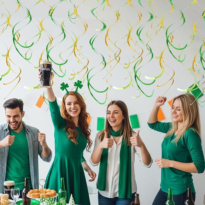 BEISHIDA Green Gold Hanging Swirls Party Decorations Plastic Streamer for Dinosaur Theme Birthday Graduation St. Patrick’s Day Jungle Party Decorations, Pack of 24