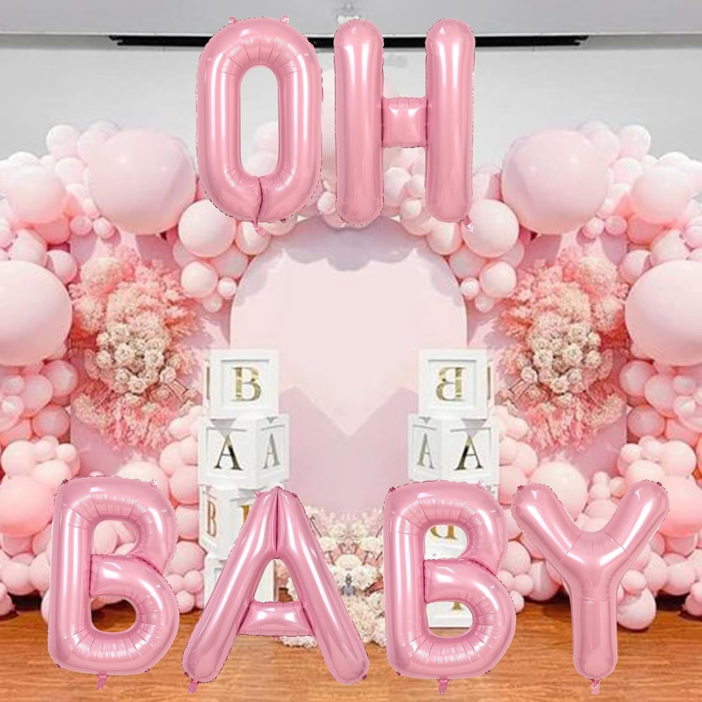 40 Inch Pastel Pink OH BABY Balloon for Baby Shower, Large Light Pink OH BABY Balloon Letters with Ribbon, Pearl Pink Alphabet Balloons Banner Sign for Girl Birthday Party Backdrop Decorations