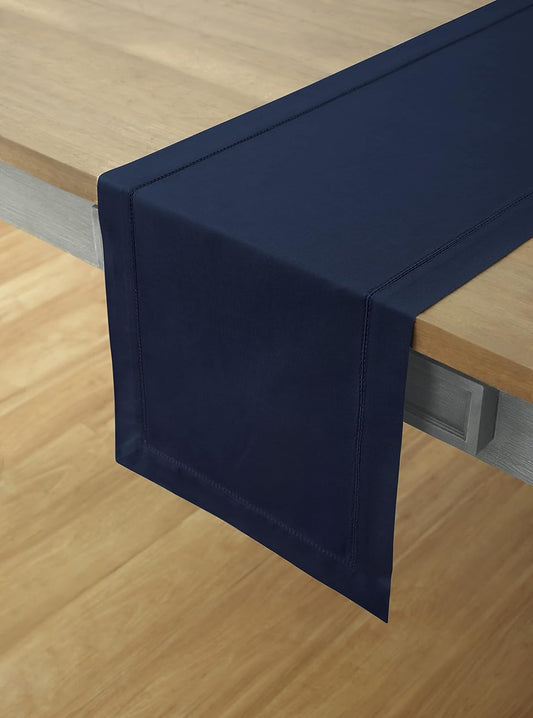 Solino Home Navy Blue Table Runner 144 Inches Long - Cotton Linen Hemstitch Extra Long Table Runner 14 x 144 Inch for Thanksgiving, Christmas, Holiday