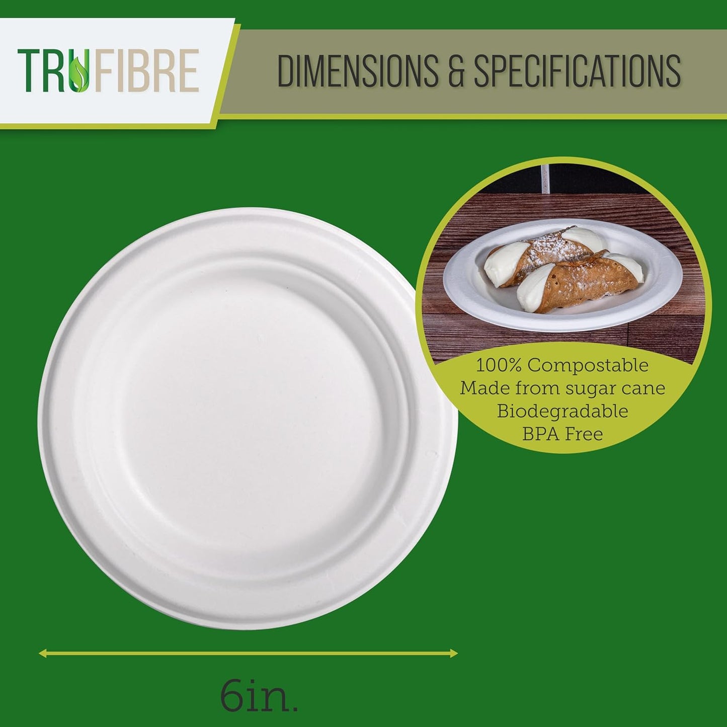 6" Paper Plates, Compostable Bagasse Food Container, Disposable, Microwave Safe for Lunch, Dinner, Party, Supplies, Events, Bulk, 125 Pack