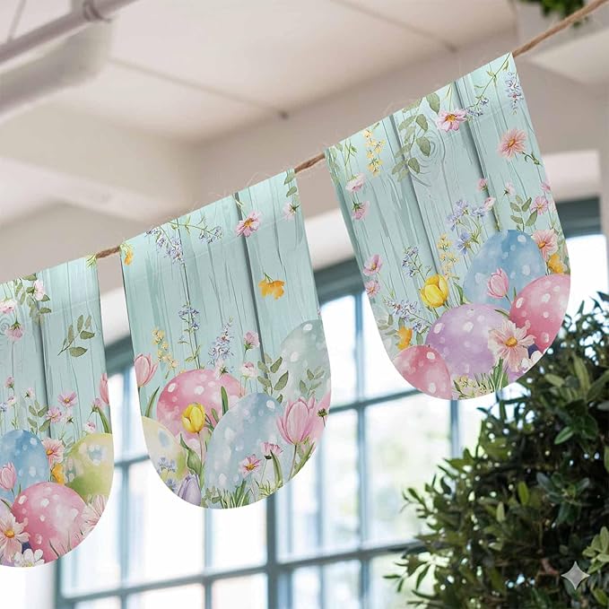 Easter Eggs Banner 3Pcs Indoor Outdoor Hanging Banner Flag Spring Daisy Eucalyptus Leaves Teal Wooden Sign for Fireplace Mantel Decorative Bunting Garland Valance for Shop Door Mantle Decor 7.9"x11.8"