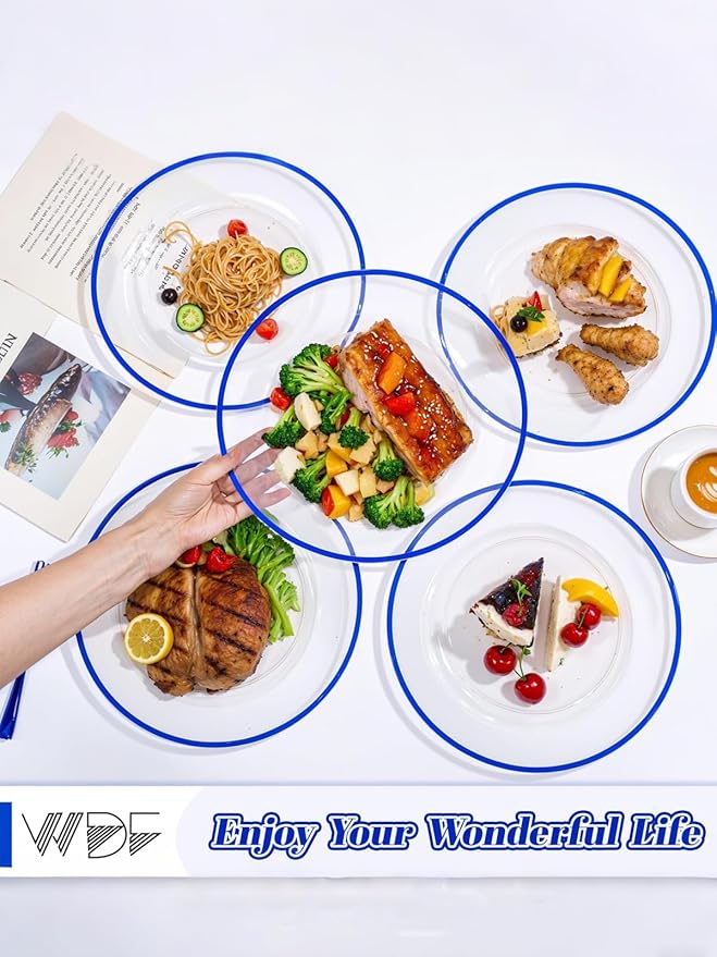 WDF 12 Inch Disposable Charger Plates - 25Pack Plastic Clear and Blue Charge Plates Perfect for Passover/Easter/Dinner/Wedding/Party/Elegant Tabletop Decor