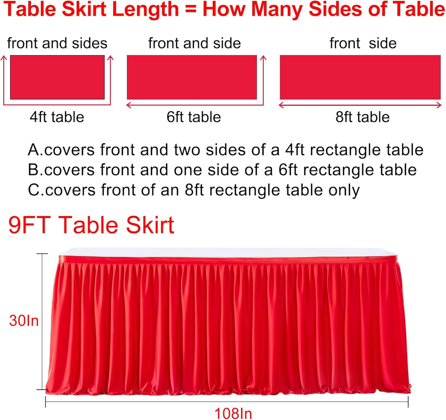 9ft Red Table Skirts for Rectangle Tables Polyester Pleated Table Skirt Desk Skirts Ruffle Table Skirt cloth for Wedding Birthday Party Baby Shower Bridal Shower Banquet Table Skirts