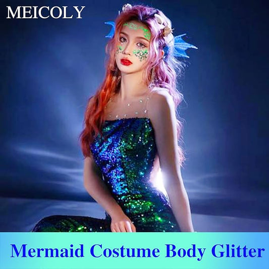 MEICOLY Chameleon Green Face Body Glitter,Holographic Self-Adhesive Face Glitter,Color Changing Mermaid Face Glitter,Halloween Glitter Face Paint for Face Body Hair,St Patricks Day Accessories