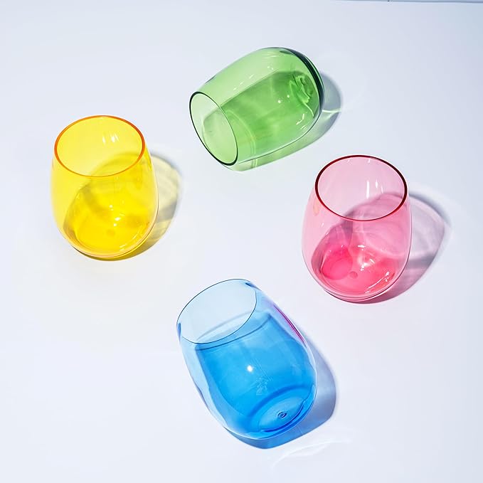 KX-WARE Unbreakable 18-ounce Acrylic Stemless Wine Glasses All Purpose Plastic Tumbler, set of 8 Multicolor Dishwasher Safe BPA Free Classic Style
