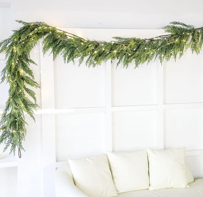 9ft Handmade Christmas Garland with LED String Lights,Cedar Artificial Greenery,Seasonal Garland for Fireplace Winter Holiday Indoor Outdoor Decoration