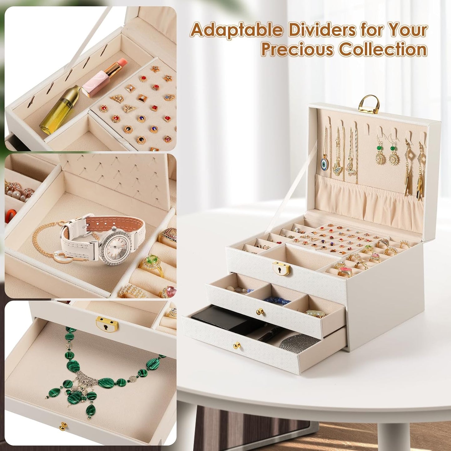 3 Layer Jewelry Box, Lockable Jewelry Holder Organizer with Jewelry Drawer, Large Jewelry Boxes & Organizer with Velvet Earring Storage, Unique Gifts for Women Mom