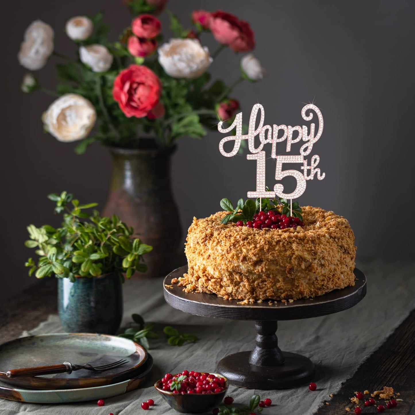 LASKYER Happy 15th Birthday Rose Gold Rhinestone Cake Topper - 15th Birthday/Anniversary,Cheers to Fifteen Years Old Bday Party Metal Sparkly Centerpieces Decorations.