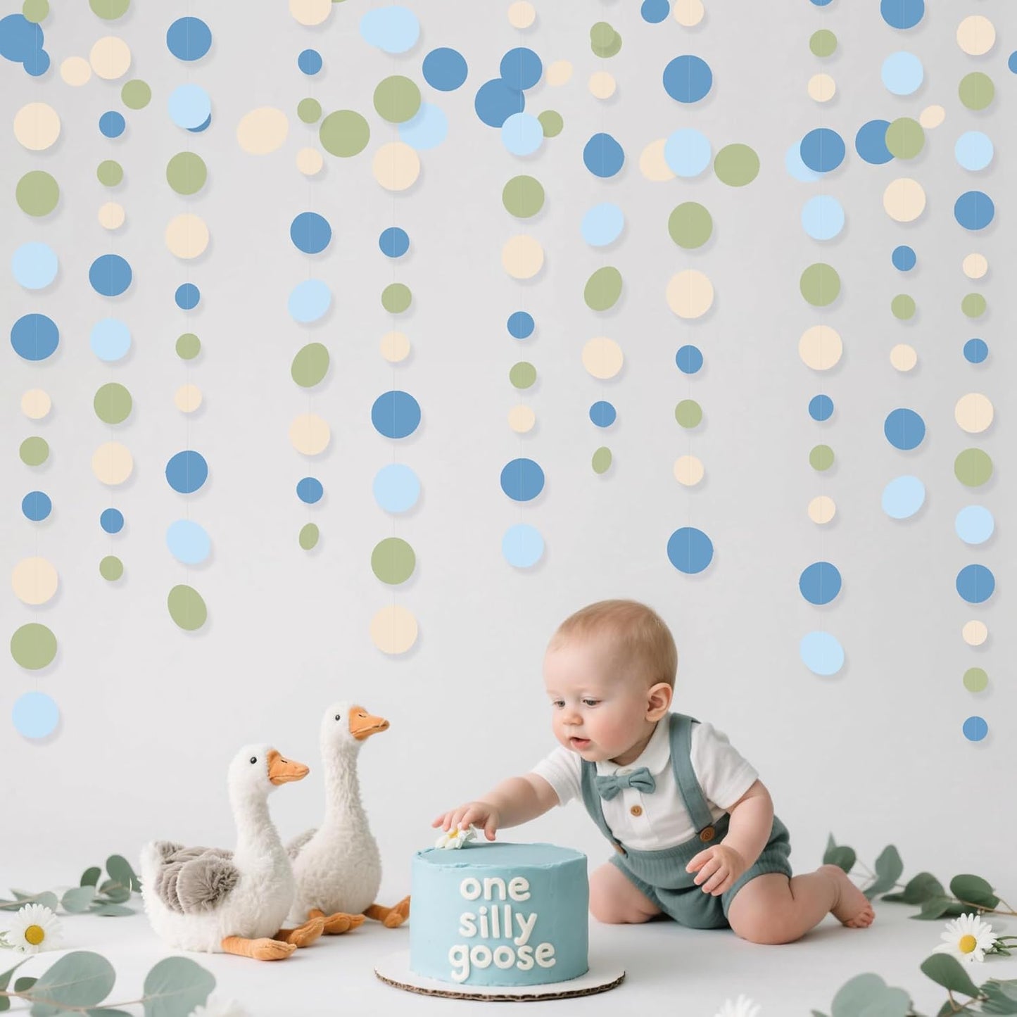 Dusty Blue and Sage Green Beige Polka Dot Garland Olive Green Dusty Blue Cream Nude Hanging Paper Circle Dots Streamer for Birthday Baby Shower Wedding One Silly Goose Theme Party Decorations Supplies