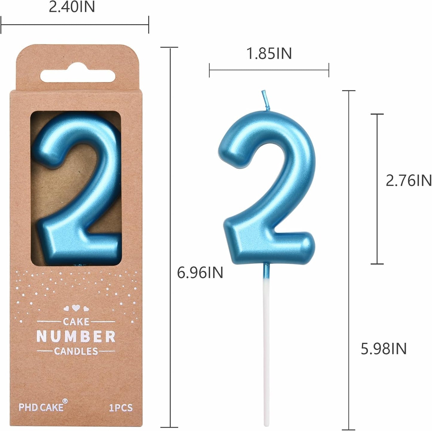 PHD CAKE 2.76 inch Classical Blue 2 Number Birthday Candles, Blue Number Candles, Cake Number Candles, Party Celebration