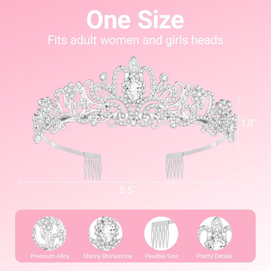 Birthday Tiara and Crown with Sash, Birthday Tiara for Women Party (Silver)