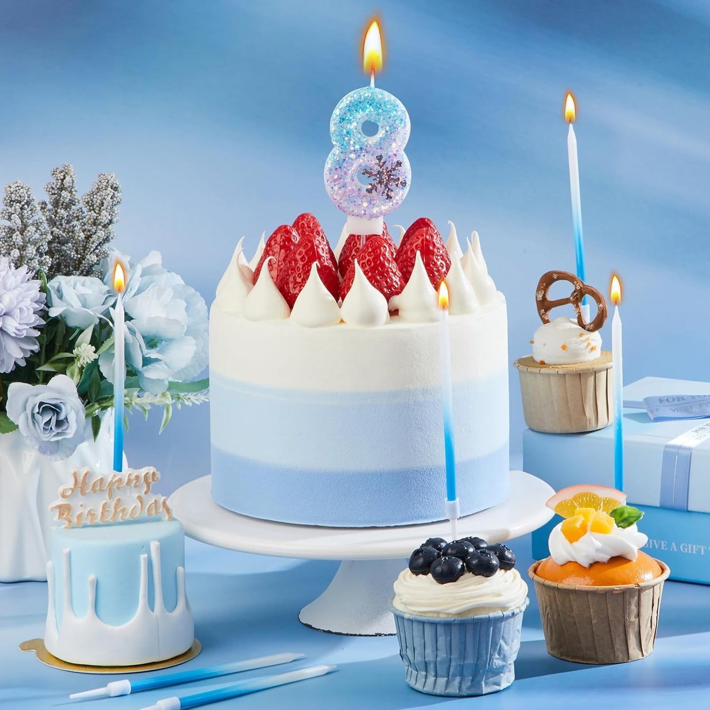 MTLEE Number 8 Birthday Candle Blue Snowflake with 6 Long Thin Cupcake Candles Blue Sparklers Glitter Number Happy Birthday Cake Topper Decorations for Winter Party Supplies