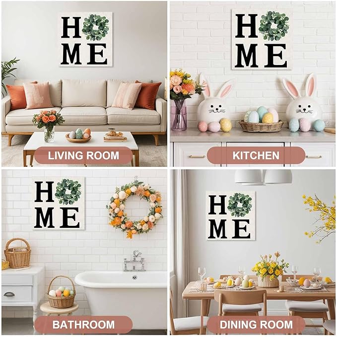Canvas Artwork Painting Art, Home Green Eucalyptus Leaves Garland Square Framed Wall Decorations Prints Picture for Bedroom Kitchen Living Room, 24x24 in Retro Linen