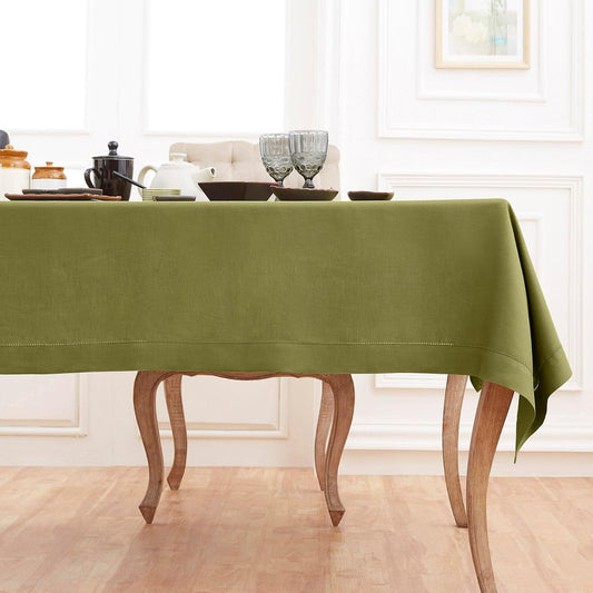 Solino Home Linen Tablecloth 60 x 132 Inch - Classic Hemstitch 100% Pure Linen Avocado Green Table Cloth for Rectangle Tables - Machine Washable Tablecloth for Fall, Autumn, Thanksgiving
