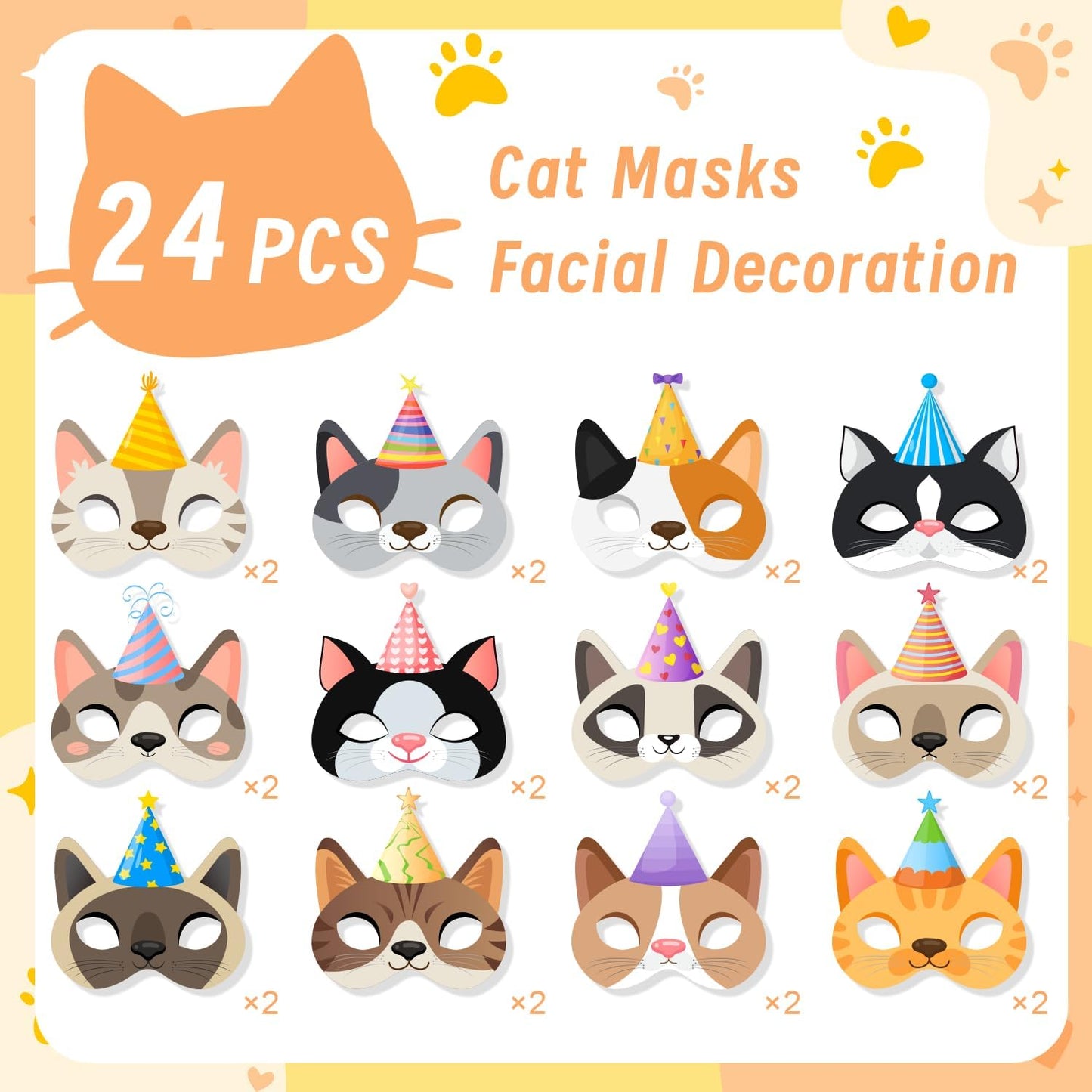 Cat Birthday Masks, 24 Pcs Kitten Party Mask Kitten Party Favor Masks for Cat Birthday Decorations Photo Booth Props