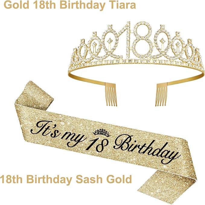 18th Birthday Decorations for Girls with 18th Birthday Sash and Tiara Gold, 18 Candles Gold, 18 Year Old Gifts for Girls