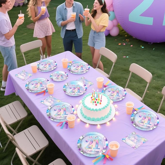 Grencian 96Pcs 21st Birthday Decorations Iridescent 21st Birthday Party Plates Disposable 350GSM Cheers to 21 Years Paper Tableware Set for Girls Women 21 Years Old Party Supplies Serves 24