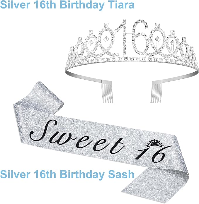 Sweet 16 Party Decorations for Girls with Sweet 16 Sash Silver, Rhinestone 16th Birthday Tiara, 16 Candles Silver, 16th Birthday Gifts for Girls