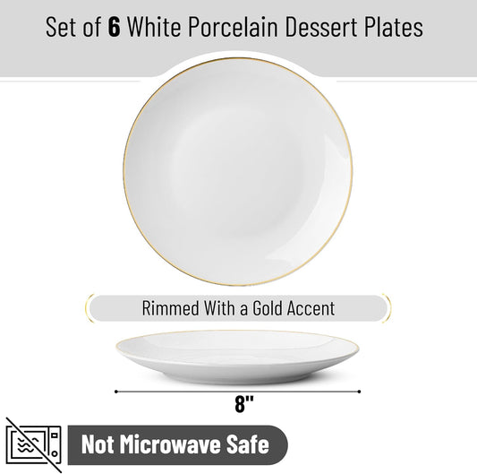 BTaT- White Dessert Plates with Gold Rim, Set of 6, 8" Round, Porcelain, Elegant Style, Dinner Plates, Christmas Gifts