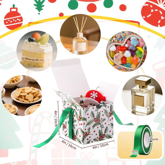 Dispowreath 48 Pcs 4x4x4 Christmas Gift Boxes with Ribbon Xmas Small Box with Lids Treat Boxes for Gift Wrapping Ornaments Wedding Holiday Birthday Party Favor(Berry Branch)