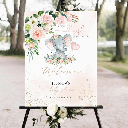 Generic Personalized Elephant Baby Shower Welcome Sign, Pink Floral, 12x18, 24x18, 36x24, Polypropylene, Feminine, Baby Shower Decorations