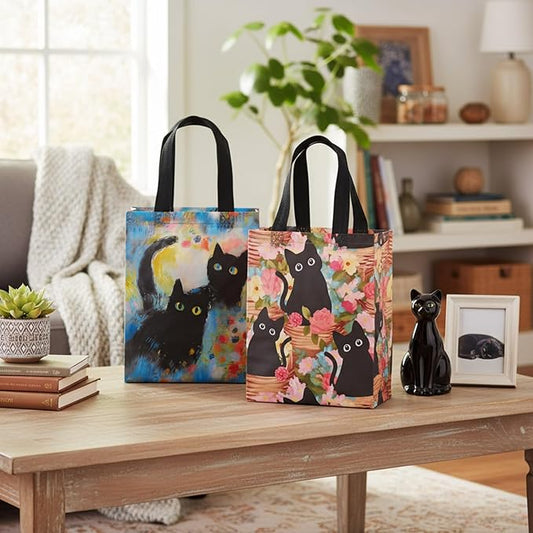 Wovnet 30 Pcs Spring Black Cat Gift Bags with Handles Kitty Flowers Theme Tote Bags Reusable Non Woven Floral Party Favors Goodie Treat Bag for Cat Lover Gifts Aesthetic 10 x 8 x 4in
