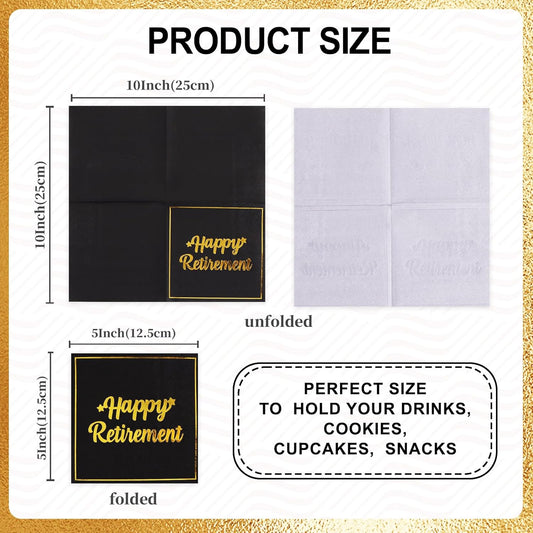 Vuzvuv 50 Pack Happy Retirement Cocktail Napkins - Disposable Paper Hand Napkins for Retirement Parties Farewell Gatherings Office Send-Off Party Decorations Table Decor (5" Folded 2 Ply - Black)