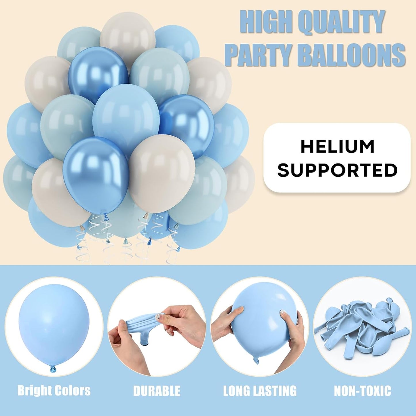 Blue White Sand Balloons Dusty Slate Fog Pastel Metallic Blue Beige Balloon 12INCH Helium Latex Balloon for Arch Kids Birthday Party Decorations Baby Boy Shower Christening Bridal Wedding Decor