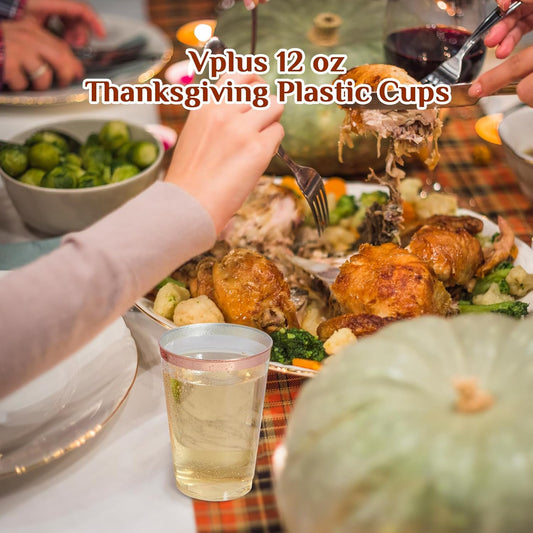 Vplus 150 Pack 12 OZ Reusable Rose Gold Rimmed Clear Plastic Cups, Disposable Heavy Duty Plastic Cups for Party, Christmas, Wedding, Thanksgiving, Halloween