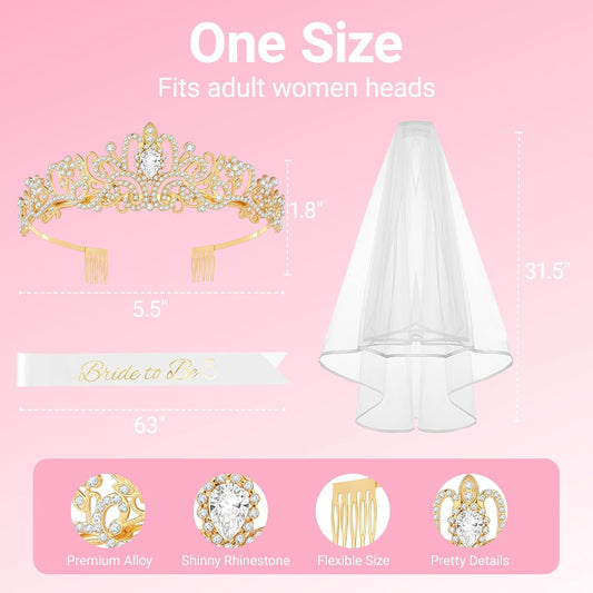 3Pcs Bride to Be Crown with Sash and Veil for Bachelorette Party Decorations, Bridal Shower Accessories for Gift, Favors