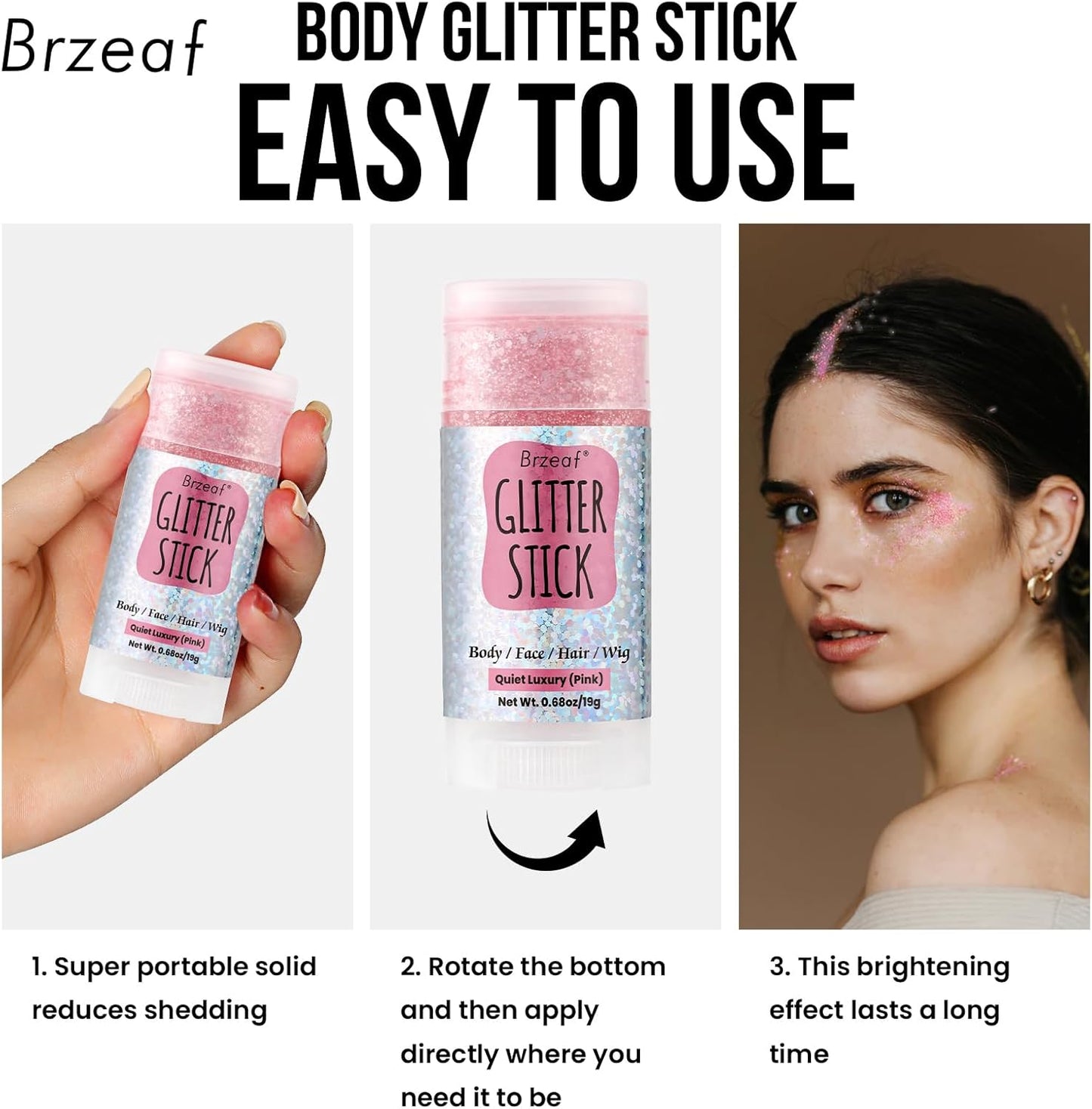 Brzeaf Pink Glitter Stick, Not Greasy & Long Lasting, Christmas Face Glitter Gel, Chunky Glitter for Face/Body/Hair/Eyes/Lip, Singer Concert Music Rave Festival, Glitter Stick Makeup for Women Men