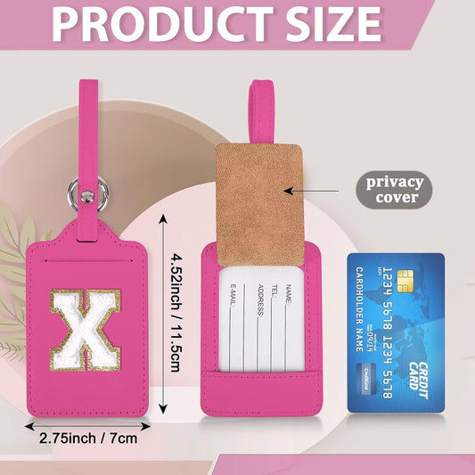 Personalized Initial Luggage Tags for Suitcases, Leather Chenille Letter Cute Luggage Tags with Privacy Name Card, Embroidered Travel Bag Backpack Tags Gifts for Women Kids Girls Teens(Rosered-X)