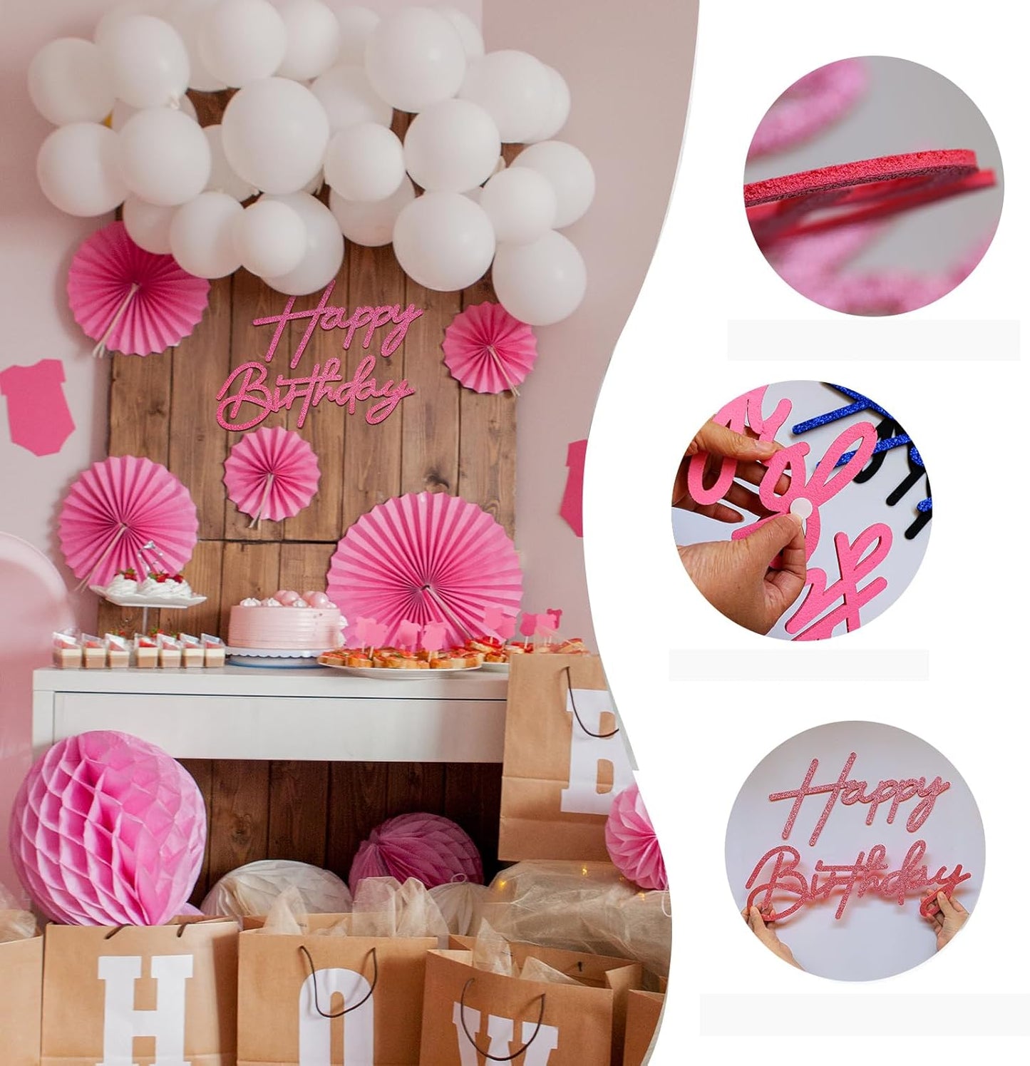 Glitter Pink Happy Birthday Sign for Backdrop - Felt Glitter Letters for Birthday Party Balloon Arch Party Baby Shower, Reusable Large Happy Birthday Decorations Party Letters Sign for Women