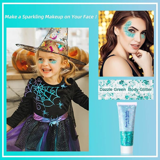 MEICOLY Teal Body Glitter,Holographic Mermaid Face Glitter Gel for Halloween Face Paint,Dazzle Green Chunky Glitter for Face Body Hair,Sparkling Self-Adhesive Gel Glitter Makeup for Women and Kids