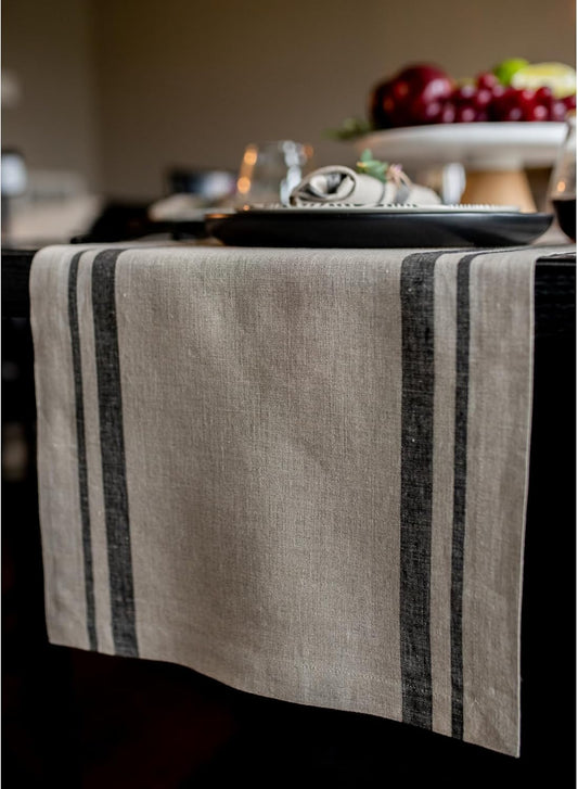 Solino Home Linen Table Runner 72 Inches Long - 100% Pure Linen Black and Natural French Stripe Table Runner 16 x 72 Inch for Dining, Dresser, Fall, Autumn, Halloween, Thanksgiving
