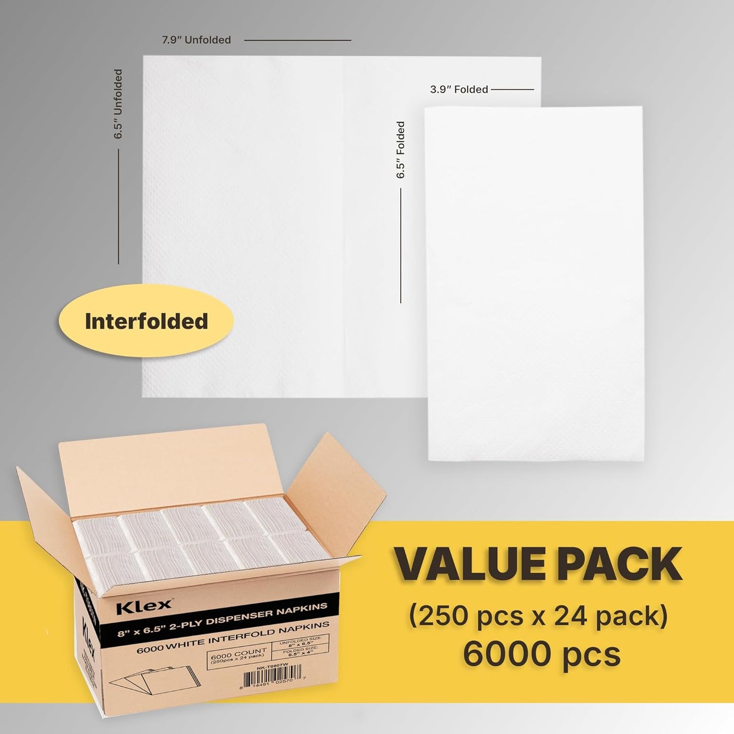 Klex 6.5" x 4" Interfold White Dispenser Napkins, 2-Ply Bulk Paper Napkin - 6000 Count (6 1/2"x8" Unfolded)
