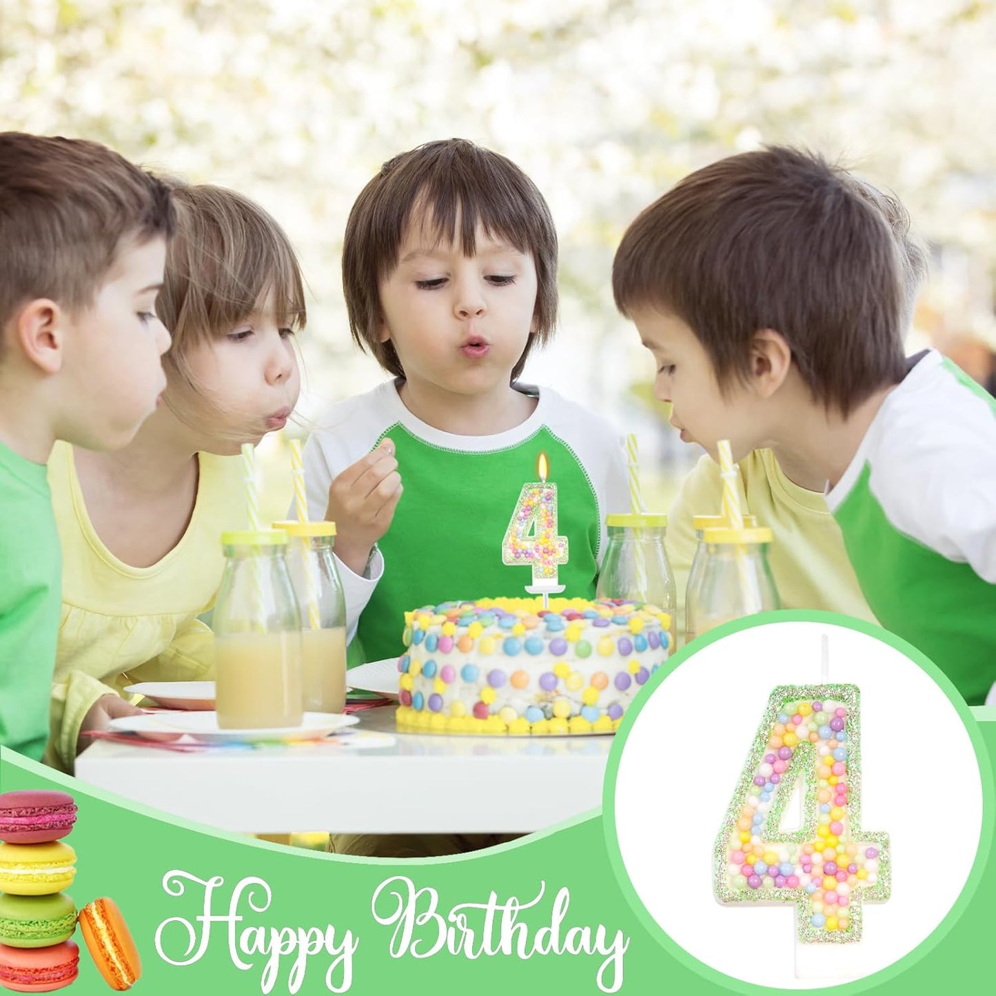 Birthday Candles - Number 4 Candle, Colorful Macaron Candles for Boys/Girls, Green Cake Decorations, Fairy Tale Themed Party Supplies