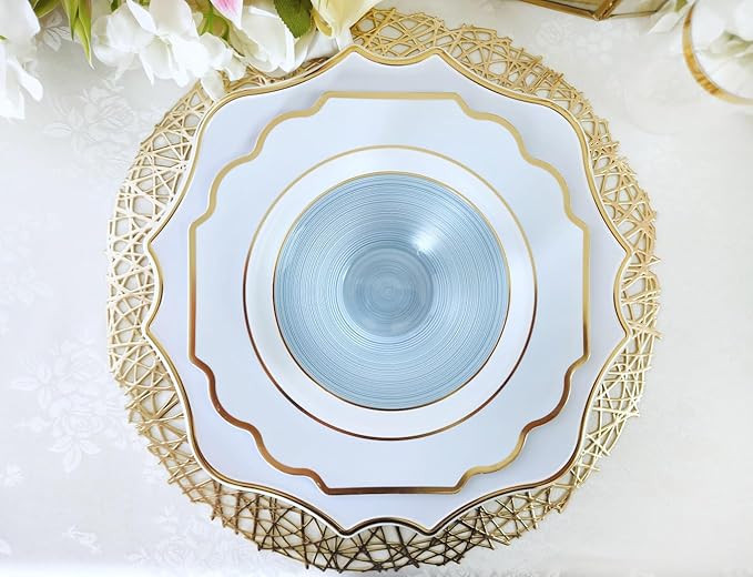 " OCCASIONS " 40 Pieces 13.25'' Scalloped Disposable/Reusable Plastic Charger Plates for Wedding, (Scalloped Imperial Blue & Gold)