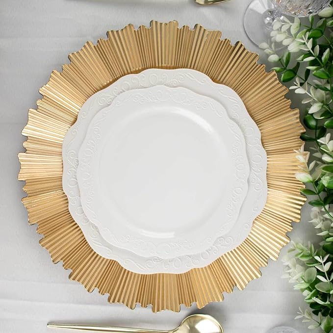Efavormart 6 Pack | 13" Metallic Gold Sunray Acrylic Plastic Serving Plates, Round Scalloped Rim Disposable Charger Plates