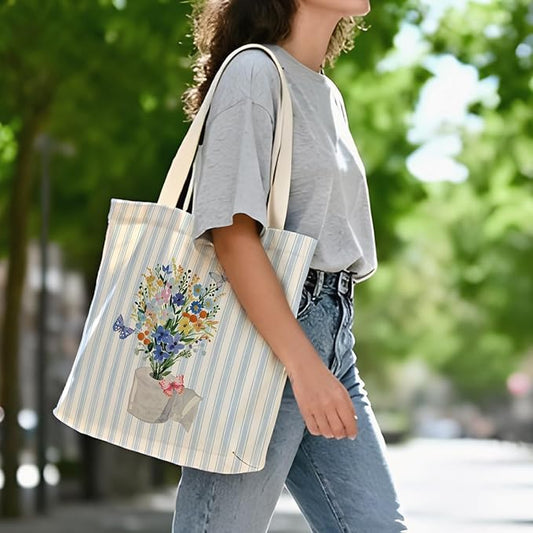 Blue Preppy Floral Aesthetic Tote Bag for Women,Printed Canvas Tote Bag for Girls,Blue Striped Watercolour Aesthetic Reusable Shopping Grocery Bags Party Favors