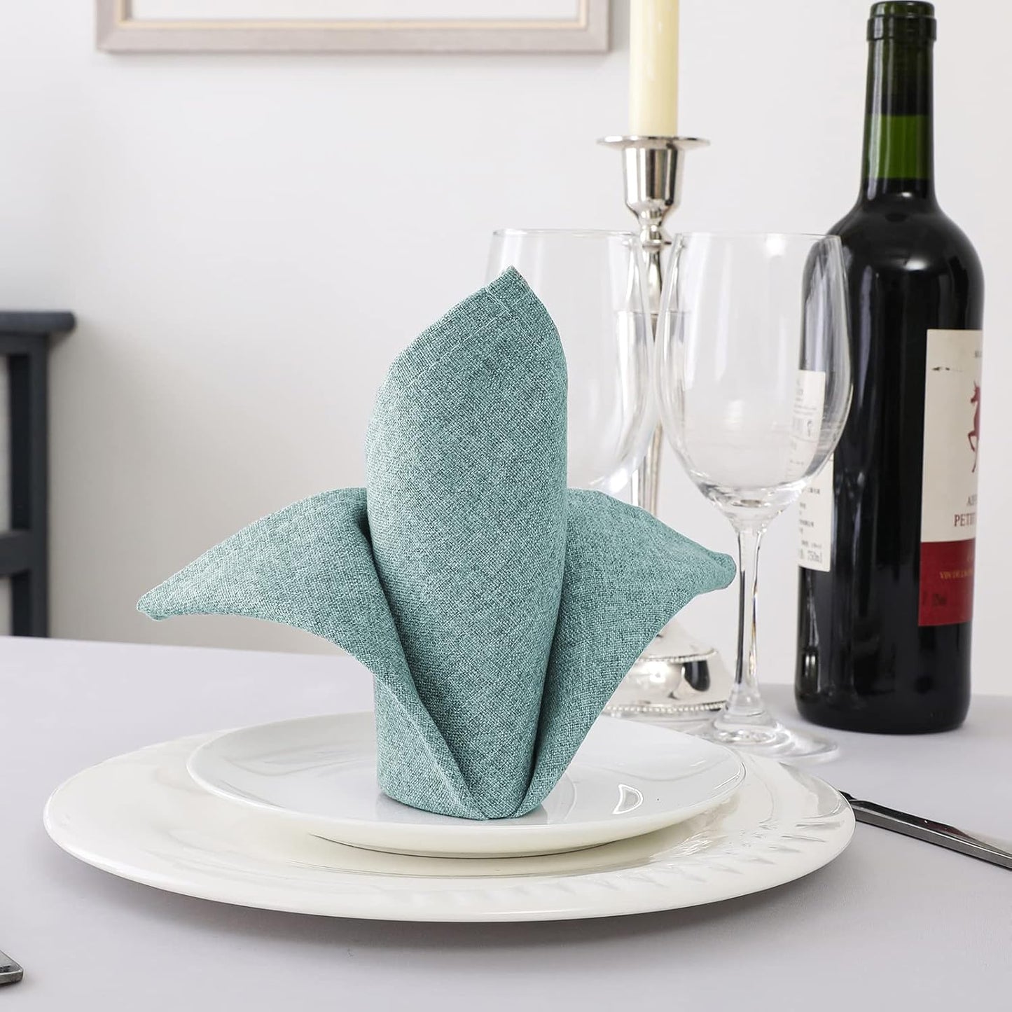 H.VERSAILTEX Linen Textured Cloth Napkins Set of 12 (18" X 18") Linen Textured Dinner Napkins Waterproof Extra Soft Thick Durable Reusable Napkins with Hemmed Edges, Heather Aqua