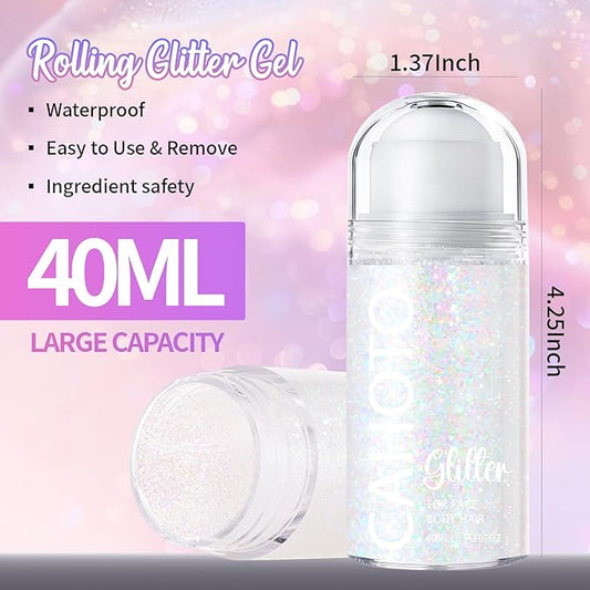 CAHOTO Dazzle Rolling Glitter for Face Body & Hair, Sparkling Holographic Chunky Shimmer, Roll-on Sequins for Singer Concert Rave Festival Halloween Party Carnival, 1.35fl.oz