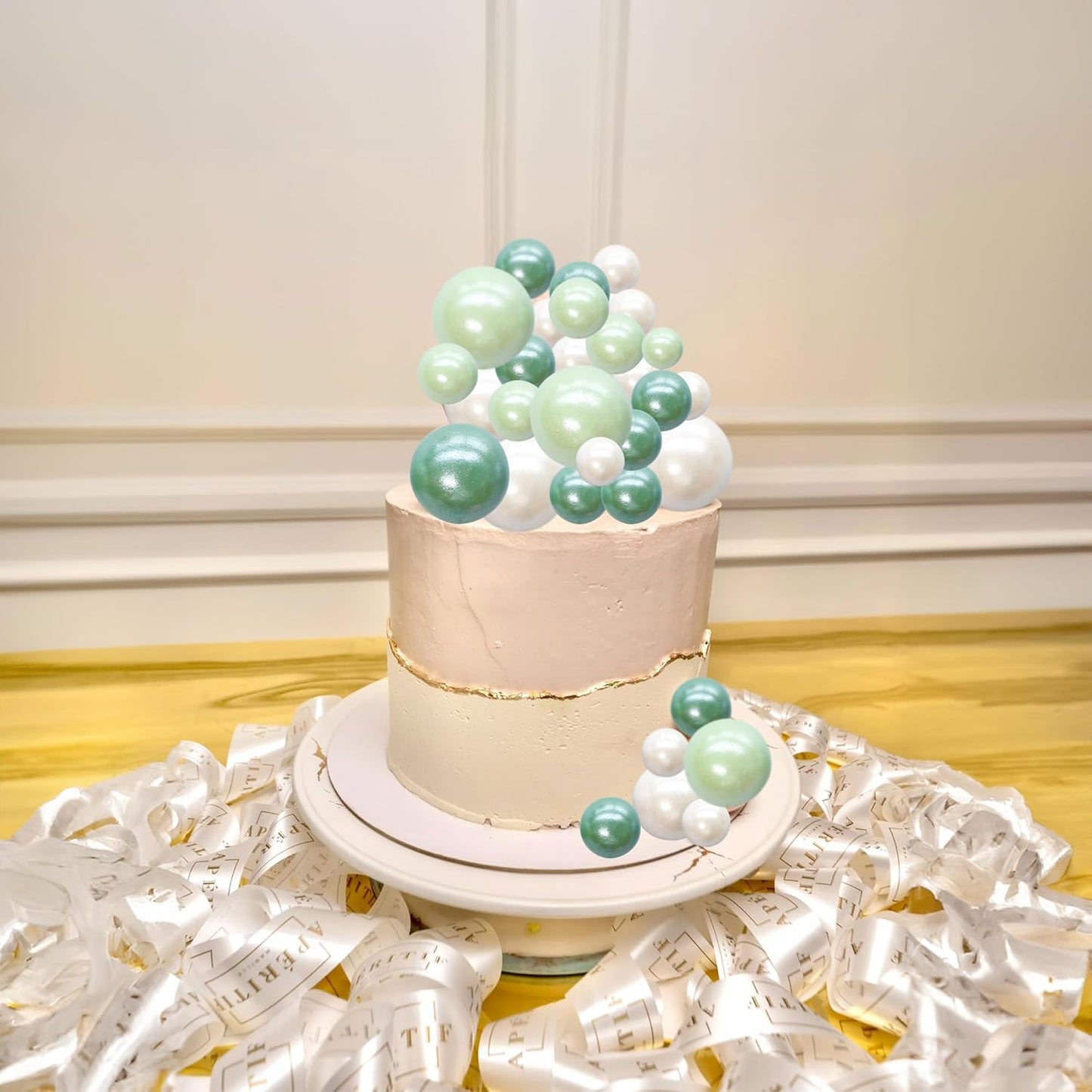 Ephlyn 30Pcs Ball Cake Picks Colorful Ball Shaped Cake Topper Pearl Balls Cupcake Cake Insert Topper for Birthday Party Wedding Decoration Supplies Pearl White Green