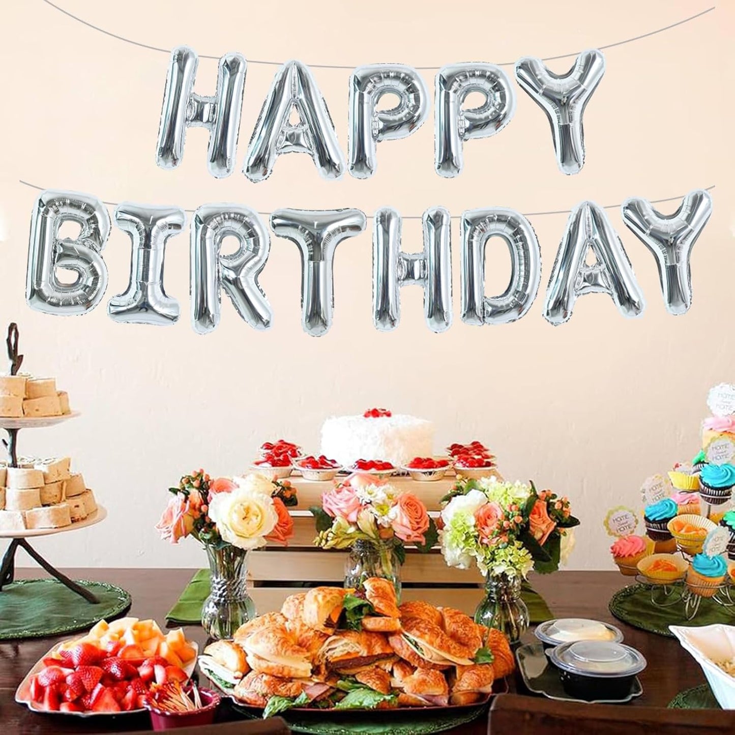 TONIFUL Laser Silver Happy Birthday Balloon Banner 16 Inch Mylar Foil Letters Birthday Sign Bunting Reusable for Girls Boys Kids & Adults Birthday Decorations and Party Supplies