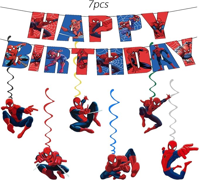 68PCS Spidey Birthday Decorations: 20 Plates, 20 Napkins, 20 Cups, 1 "Happy Birthday" Banner, 6 Hanging Swirls, 1 Tablecover