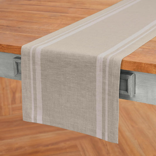 Solino Home Linen Table Runner 144 Inches Long - 100% Pure Linen White and Natural French Stripe Table Runner 14 x 144 Inch for Dining, Thanksgiving
