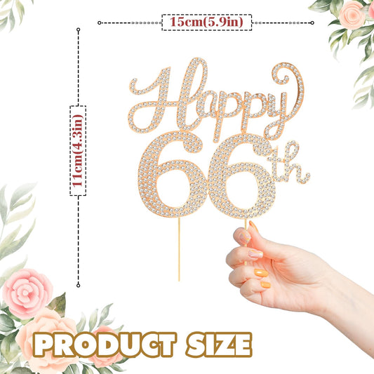 Happy 66th Birthday Decorations,66th Birthday Gold Rhinestone Cake Topper - Cheers to 66 Years Old Bday Party Metal Sparkly Cake Centerpieces Sign.