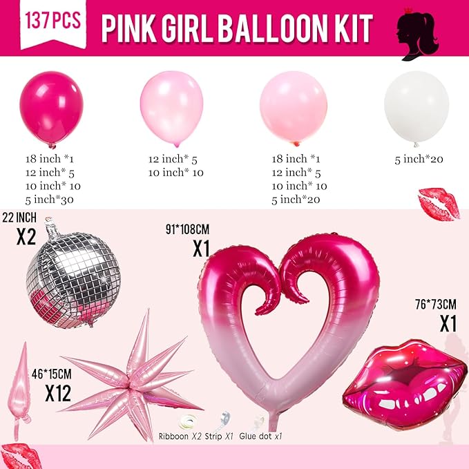 Hot Pink Balloon Garland Arch Kit 137 Pcs Pastel Pink White with Shape Lips Star Heart 4d Disco foil Balloons for Girls Birthday Engagement Galentines Valentine's Day Decorations
