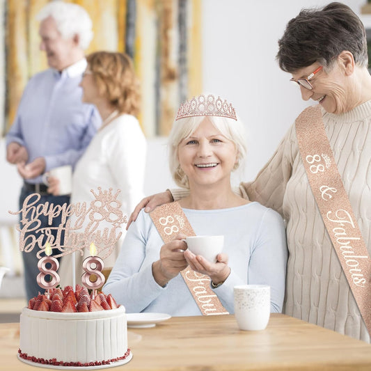 88th Birthday Decorations for Women, Including Birthday Sash and Tiara, Cake Topper and Number Candles, 88 Year Old Gifts for Women